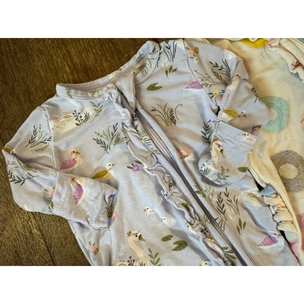 Angel Dear Newborn Baby Girl Bamboo Sleepers Ruffle Bottom Swan Donuts Bundle